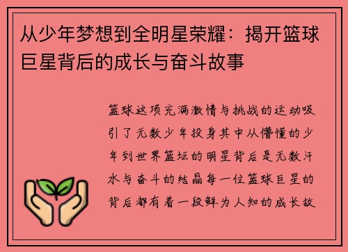 从少年梦想到全明星荣耀：揭开篮球巨星背后的成长与奋斗故事