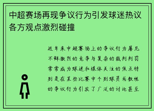 中超赛场再现争议行为引发球迷热议各方观点激烈碰撞